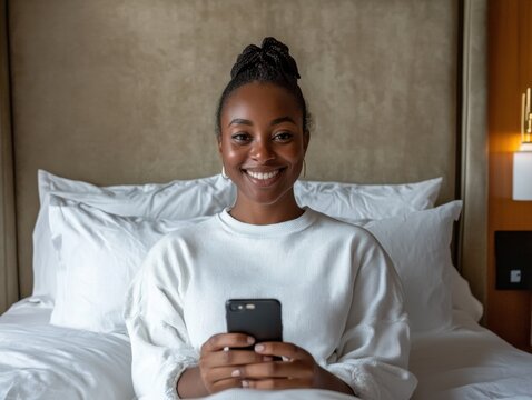 Happy young African American woman holding phone in hotel bedroom