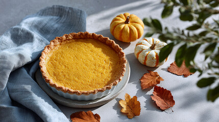 autumn Thanksgiving table with pumpkin pie	