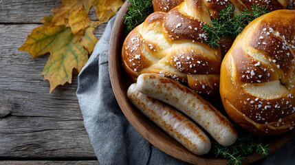 soft pretzels and grilled sausages on a wooden table, autumn leaves scattered