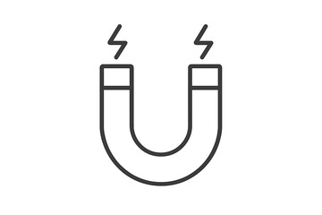 Single line icon of horseshoe magnet with electric spark, isolated on white background. Minimalist editable stroke vector for mobile apps, web design, online shops, technology graphics.