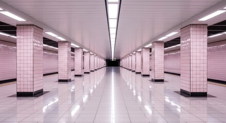 Obraz premium Modern Subway Station Architecture with Rows of Pillars and Bright Lighting