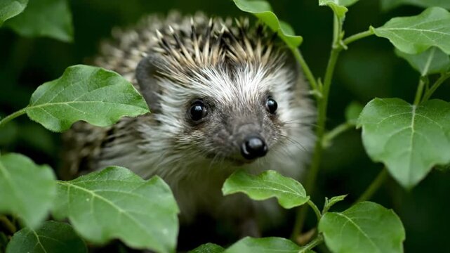 Cute little hedgehog peeking through vibrant green leaves in a summer garden