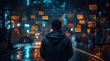 A solitary figure stands on a rain slicked city street at night enveloped by glowing digital email icons
