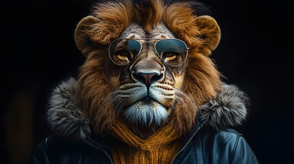 Fototapeta premium Stylish lion with aviator sunglasses knitted sweater and leather jacket exuding confidence against a dark background