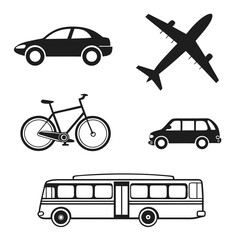 Diverse transport icons black white airplane bicycle