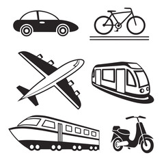 Diverse transport icons black white bicycle airplane