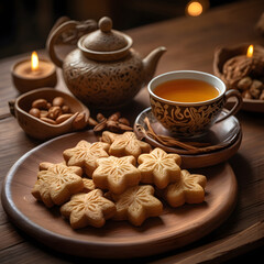 Fototapeta premium A comforting and cozy teatime scene featuring star-shaped homemade cookies, hot tea in a traditional cup, and warm candlelight