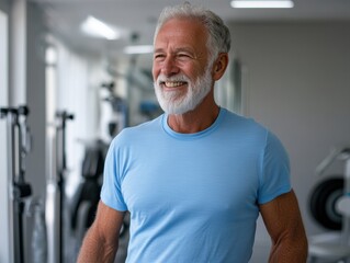 Happy senior man exercising indoors at fitness center
