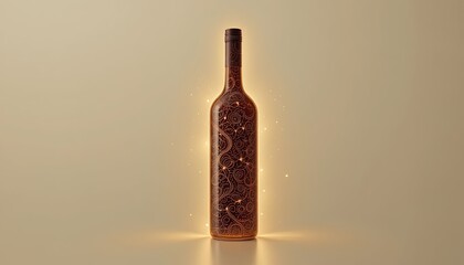Elegant wine bottle with ornate design, sparkling with light, perfect for luxury brand advertising or upscale events