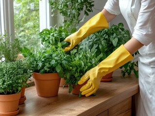 Calm woman tending to potted herbs indoors near window