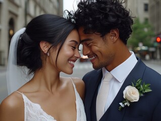 Young mixed-ethnicity couple smiling in wedding attire outdoors