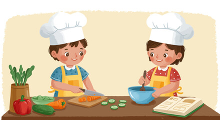 Happy children learning to cook together in kitchen.