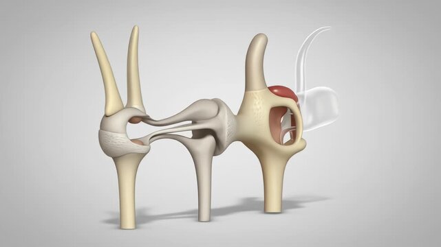 A 3D medical animation of the auditory ossicles rotating to demonstrate the fitting of a hearing aid
