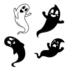 Four cartoon ghosts floating happily silhouette happy