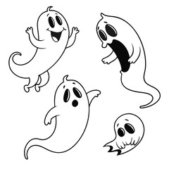 Four cartoon ghosts floating happy surprised scared