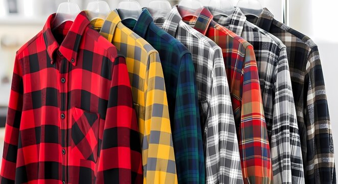 Plaid flannel shirts hanging side by side. 
