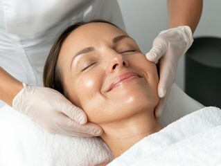 Mature woman enjoying facial massage in serene spa setting