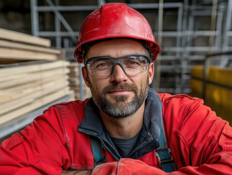Serious man in red hard hat and overalls in industrial warehouse