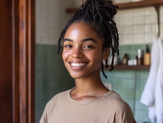 Happy young African American woman in bathroom during daytime