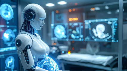 A futuristic scene featuring a female android in a medical environment, with focus on an unborn child