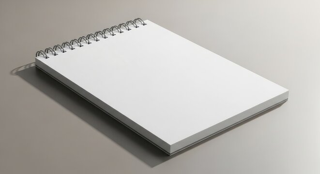 A blank white spiral notebook rests on a neutral surface, casting a soft shadow.