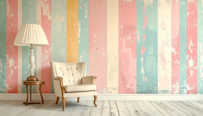Retro striped wallpaper in old pastel tones and vintage texture