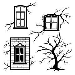 Haunted windows and bare tree silhouettes spooky creepy