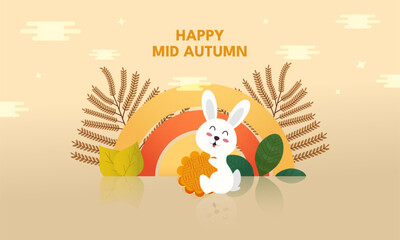 Happy Mid Autumn Festival celebration pedestal podium background with autumn leaves and cute bunny with Moon cake. Vector Illustration.