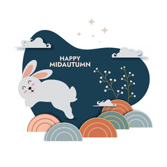 Happy Mid Autumn Festival celebration abstract pattern background with cute bunny playing in a clouds. Vector Illustration.