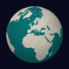 Tunisia on the map. Globe centered to Tunisia. Country location on the world map. Teal Pale Mint color palette. Globe with countries, meridians and parallels. Alive vector illustration.