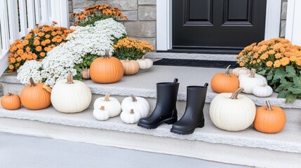 The front porch is beautifully decorated for fall with vibrant mums, pumpkins, and black rain boots, creating a welcoming autumn atmosphere