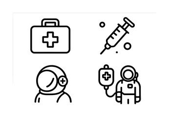 Medical and astronaut icons - syringe, medical kit, astronaut, iv drip