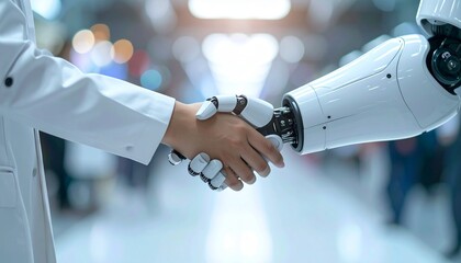 A doctor shaking hands with a robot. A gesture that symbolizes human and artificial intelligence collaboration and partnership