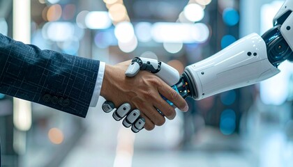 A human and robot shaking hands in a modern, technologically advanced environment. The image conveys a sense of collaboration and technological advancement