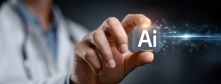 Hand holding a digital representation of artificial intelligence with glowing connections in a modern laboratory setting