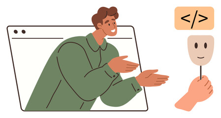 Man extends from browser window explaining code while a hand holds a smiling mask, symbolizing digital identity, coding, and online interaction. Ideal for software, technology, online identity