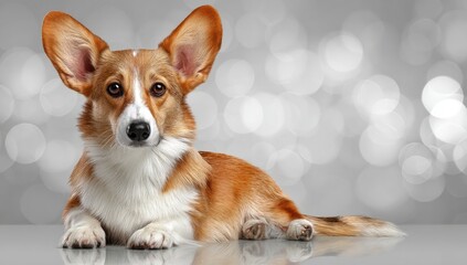 A captivating corgi, with a rich, warm reddish-brown coat and a pristine white underbelly, lies gracefully on a reflective surface, its large ears standing out against a soft, gray background of...