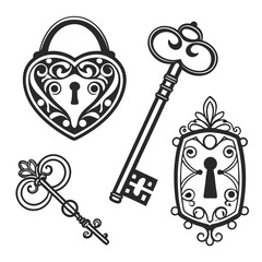 Ornate lock and key silhouettes antique vintage