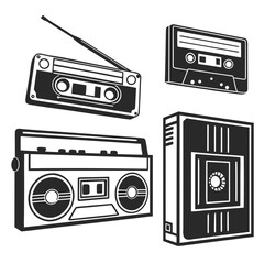 Retro audio devices and cassette tapes boombox radio