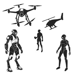 Robotic figures and aerial vehicles drone helicopter