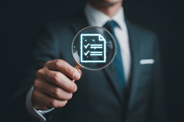 Document review checklist with magnifying glass for audit compliance due diligence process checkup