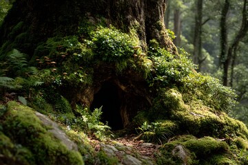 Armpit of a towering tree a secret mossy nest where tiny mushrooms play hide and seek