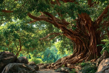 Banyan tree's sprawling roots and lush leaves evoke serene natural beauty and calm.