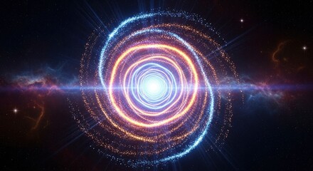 Fototapeta premium Cosmic vortex of glowing blue and orange particle rings spiraling towards a bright white light set against a dark starry nebula backdrop