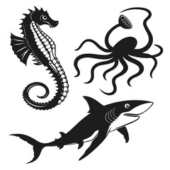 Seahorse octopus shark silhouettes black and white