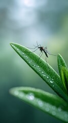Fototapeta premium Mosquito perched delicately on a vibrant green leaf, surrounded by glistening dew drops, showcasing nature's intricate beauty in a captivating close up of the ecosystem