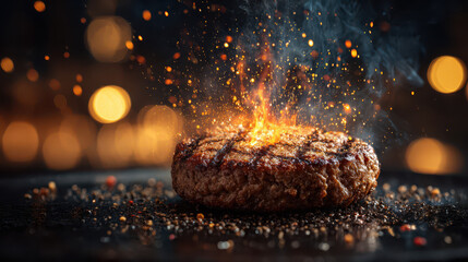 Grilling a juicy burger with flames and spices outdoor bbq setting high-quality food photography