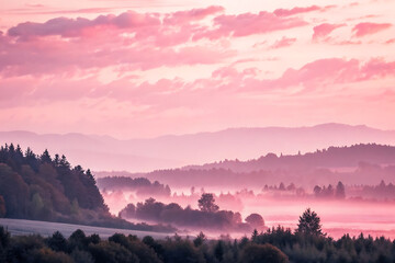 Obraz premium A serene landscape photograph captures a pink sunrise over rolling hills, with mistfilled valleys and silhouetted trees creating a sense of peace and tranquility