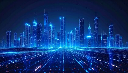 Futuristic City Skyline Glowing with Blue Neon Lights, Representing Smart Cities and Technology. Capturing the Essence of Innovation and Urban Progress.