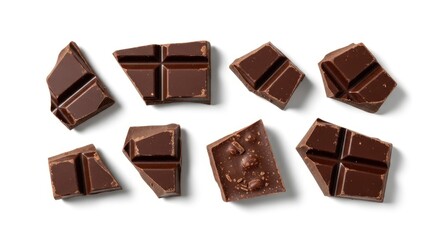 Dark chocolate pieces scattered on a white background some showing grid patterns and others irregular with soft shadows